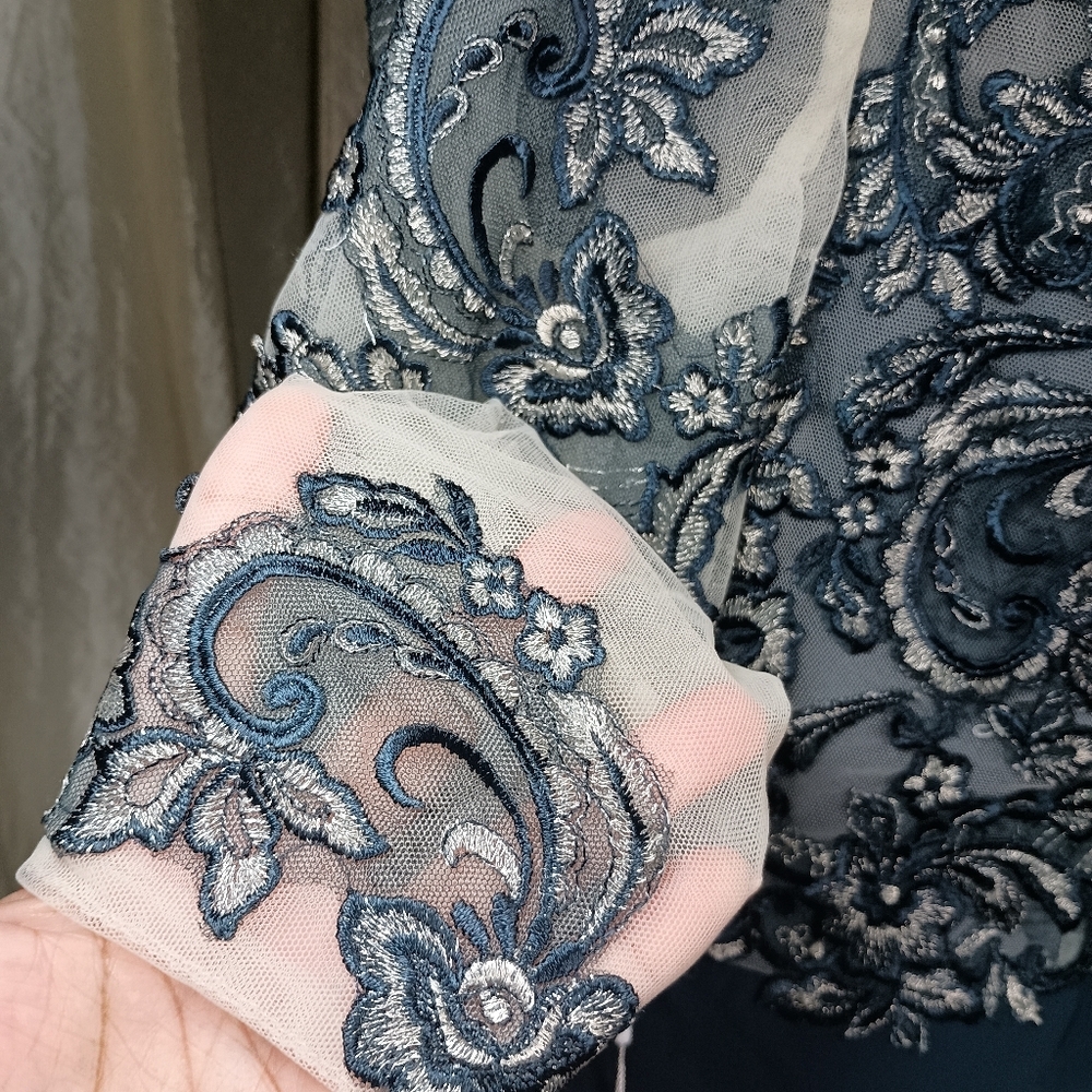JJ’s House Dark Navy Chiffon Lace Beaded Gown – Size 10 - Picture 7 of 16